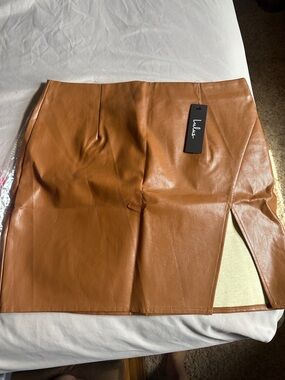 Lulu's Cognac Faux-Leather Mini Skirt with Side Slit